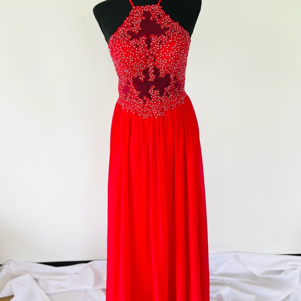 Red Embellished Halter Prom Gown